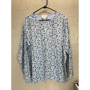 Sport Savvy Womens Plus Size 1X Blue Long Sleeve Ditsy Floral Pullover Shirt Top